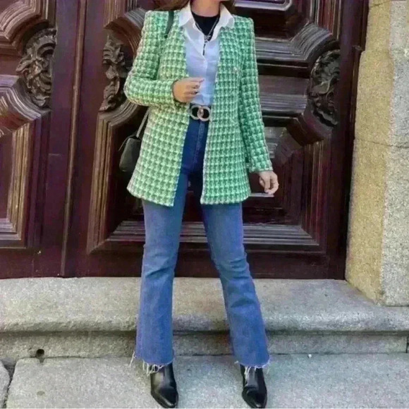 Blogger Favorite Green Zara Woven Textured Double Breasted Tweed Blazer Size S - Picture 13 of 13